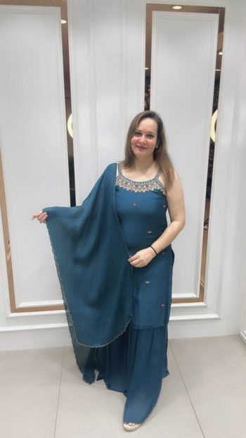 SLIVESLESS KURTI WITH STYLISH SHARARA ON PURE CHINNON