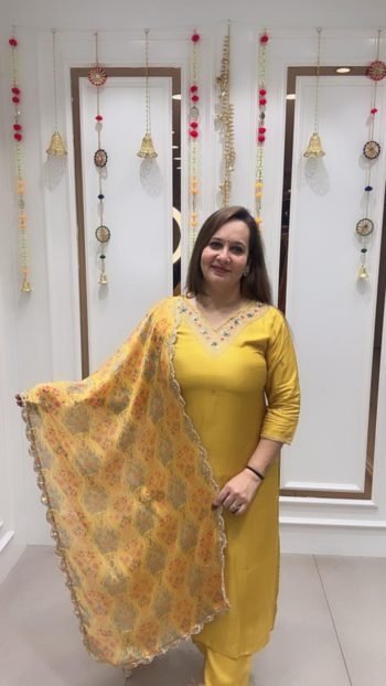 VIBRANT YELLOW KURTA WITH PANT AND DUPATTA ON PURE DOLA SILK