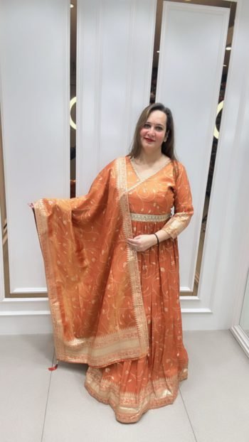 TRADITIONAL GOWN WITH DUPATTA  ON VIBRANT ORANGE IN PURE DOLA SILK