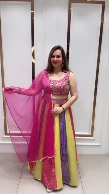 BRIGHT PINK CHOLI WITH BEAUTIFUL MULTICOLOUR LEHENGA ON PURE DOLA SILK