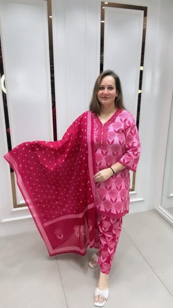 VIBRANT PINK KURTI WITH PANT AND DUPATTA ON PURE COTTON