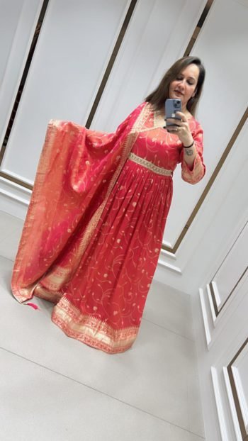 TRADITIONAL GOWN WITH DUPATTA ON RICH RED HUE IN PURE DOLA SILK
