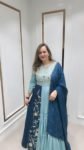 CAPTOP STYLE TOP WITH SKIRT & DUPATTA IN BLUE HUES TONE ON PURE MAL SILK
