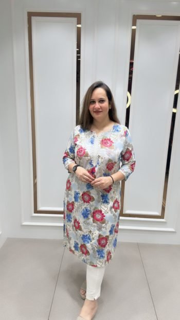 PRINTED WHITE KURTI ON REYON COTTON