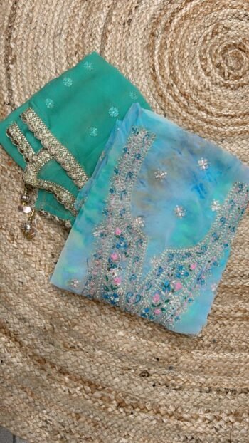 SOFT BLUE HUES UNSTITCH FABRIC ON PURE ORGANZA SILK