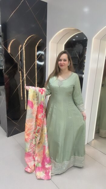 Stunning Long Gown In Soft Mint Green Shade Pure Dola Silk