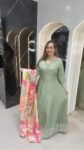 Stunning Long Gown In Soft Mint Green Shade Pure Dola Silk