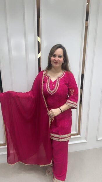 Vibrant Pink Kurti With Plazo Pant & Dupatta On Mal Silk