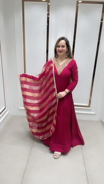 Beautiful Traditional Gown In Rich Magenta Shade On Pure Chinnon