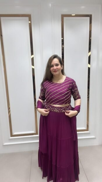 Vibrant Deep Pink Choli With Skirt, Dupatta Nd Belt With Handwork On Pure Chinnon