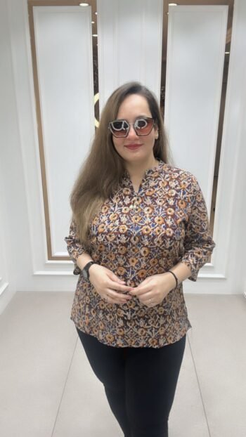 Geometric Patterns Shirt Top In Rich Brown Base On Cotton