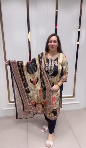 GOLD AND BLACK KURTI WITH PANT AND DUPATTA ON PURE MAL SILK