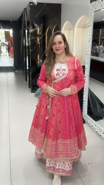 Traditional Anarkali Dress On Vibrant Pink On Pure Cotton