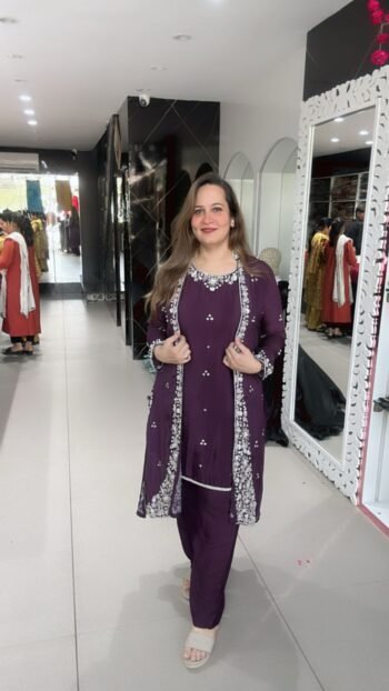 Unique Tunic Set With Shrug In Deep Purple On Pure Chinnon