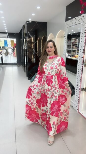 Floral Print Gown With Neckband In Pink Color On Pure Chinnon