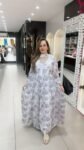 Floral Print Gown With Neckband In Gray Shade On Pure Chinnon