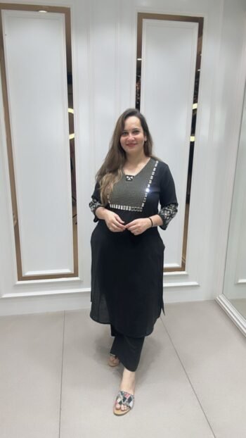 Beautiful 2-Piece Set With Mirror Work On Black Shade In Cotton