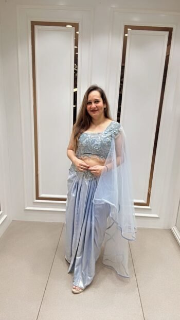 Elegant Outfit In soft blue hue On Imported Fabrik With Handwork