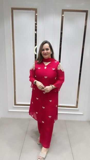 Pretty Vibrant Red Kurti Set With Pulse Work On Pure Dola Silk