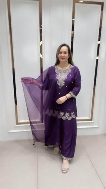 Traditional Cord-Set With Sharara & Dupatta In Rich Purple On Pure Dola Silk