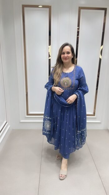 A-Line Kurta Set With Beautiful Handwork In Stunning Blue On Pure Mal Cotton