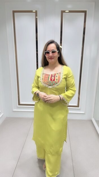 Partywear Unique Set In Bright Yellow On Pure Crepe