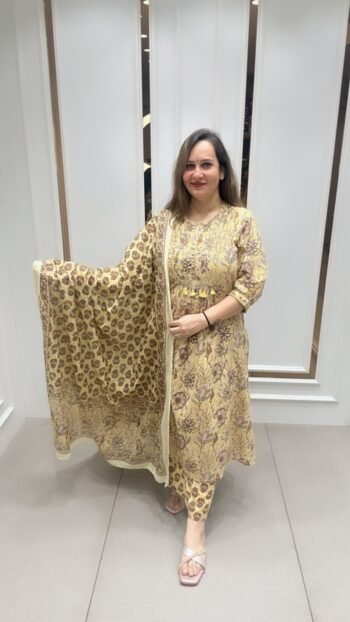 3 Piece Kurti Set In Beautiful Beige On Pure Cotton