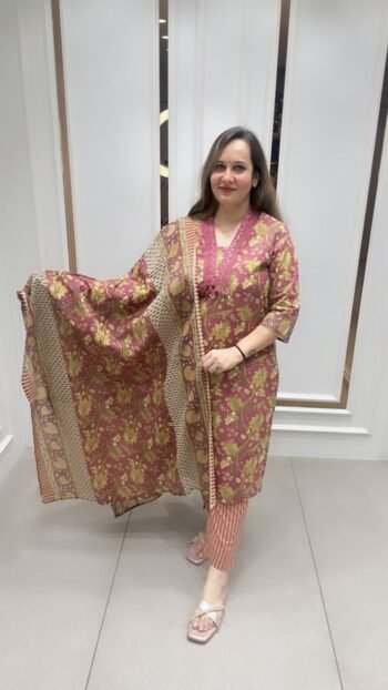 Beautiful Floral Cotton Set In Rich Pink & Gold Tunes