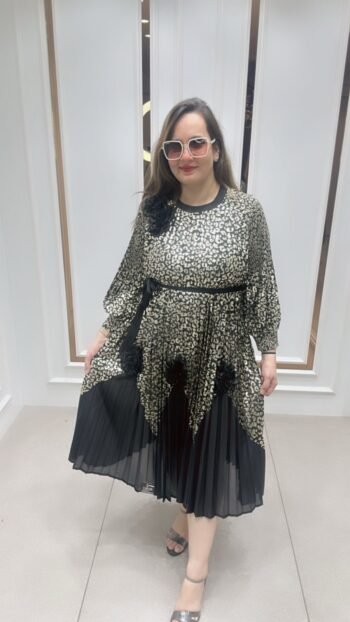 Partywear Short Gown With Belt In Striking Black & Gold On Imported Fabric