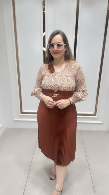 Skirt Top Style Knee Length One Piece With Belt In Brown Shade