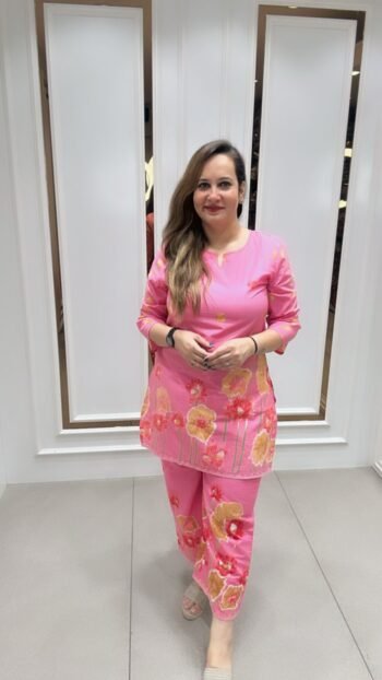 Floral Print Cord-Set In Bright Pink Shade On Pure Cotton