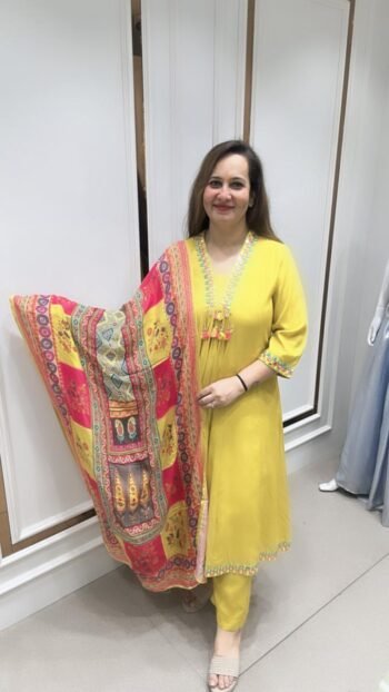 Pretty A-Line Kurta Set In Vibrant Yellow On Pure Modal Silk