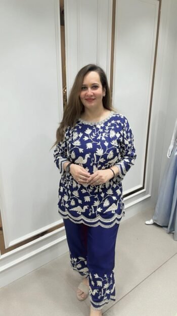 Chikankari Cord-Set With Embroidery Work In Navy Blue Shade On Modal Silk