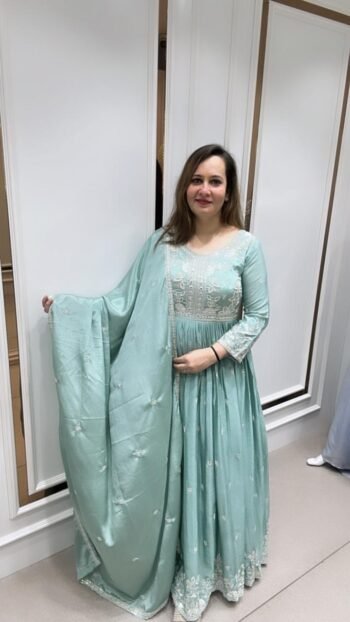 Beautiful Gown With Embroidery Work In Mint Green On Pure Mal Silk