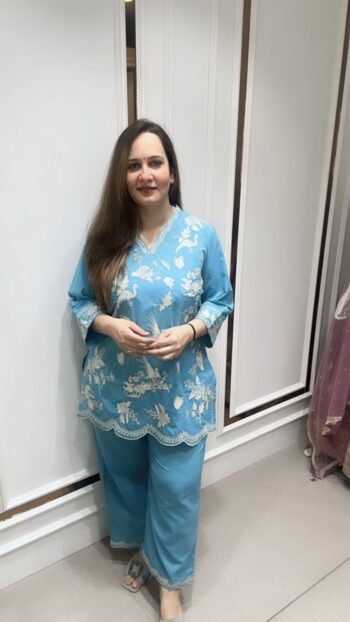 Pure Cotton Cord Set With Embroidery Work In Sky Blue Shade