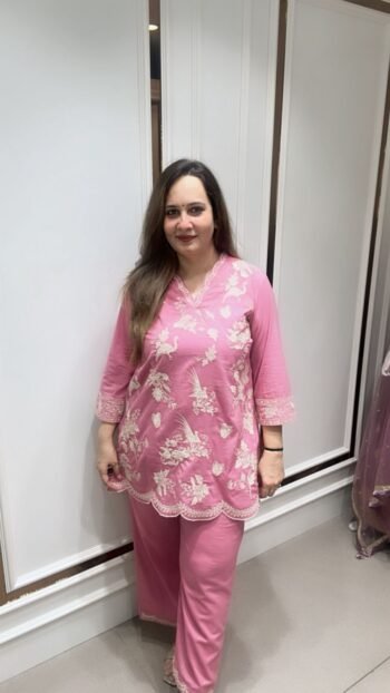 Pure Cotton Cord Set With Embroidery Work In Pastal Pink Shade