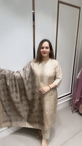 Partywear Kurta Set With Mirror Work In Soft Beige On Modal Silk