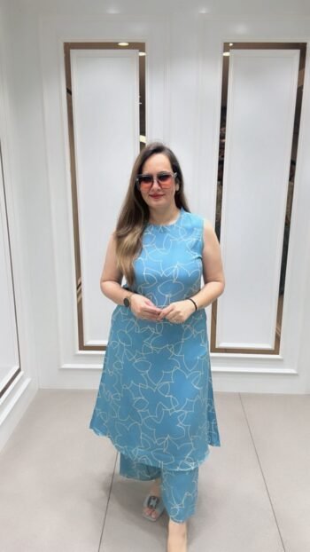 Sleeveless A-Line Cord Set In Sky Blue Shade On Pure Mal Silk
