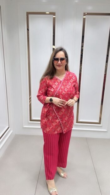 Angrakha Style Cord-Set With Mirror work In Vibrant Red On Muslin Cotton