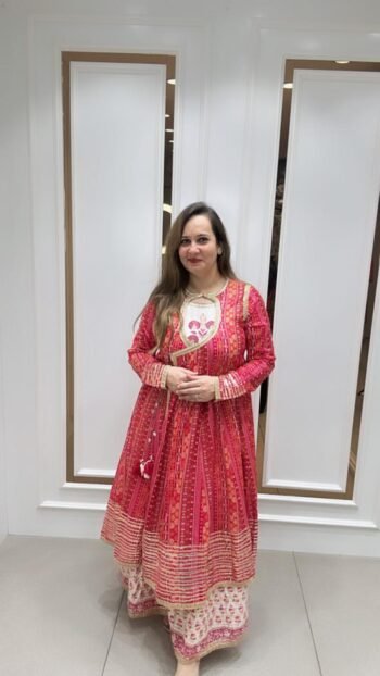 Traditional Anarkali Set On Vibrant Pink On Pure Cotton