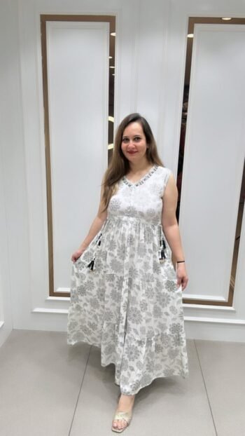 Beautiful Printed White Gown On Cotton Rayon