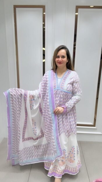 Printed Long Gown With Dupatta In White Base On Pure Mal Cotton