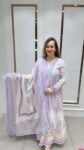 Printed Long Gown With Dupatta In White Base On Pure Mal Cotton