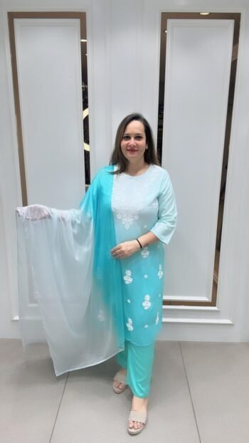 Beautiful Kurti Set with chikenkari work in Light Turquoise On Rayon Cotton