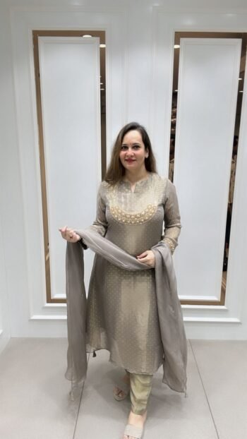 Party-wear A-Line Suit With subtle color palette In Pure Chanderi Silk