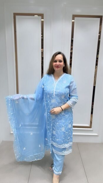 Party-wear Suit With Embroidery Work In Light Blue On Pure Chanderi Silk