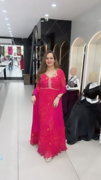 Gorgeous Georgette Gown With Neckline Handwork In Stunning Fuchsia