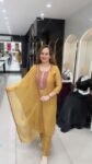 Beautiful Mustard Yellow Kurti Set On Pure Dola Silk