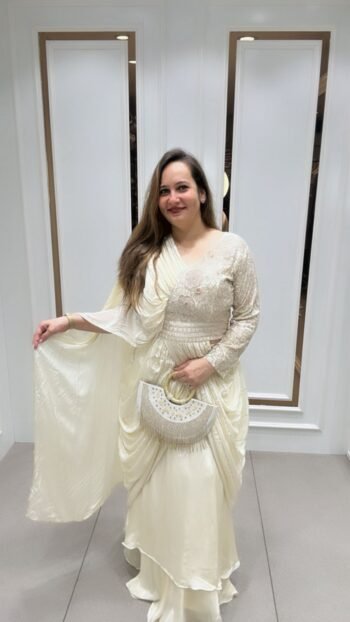Designer Drap Pattern In Off White Shade On Pure Chinnon