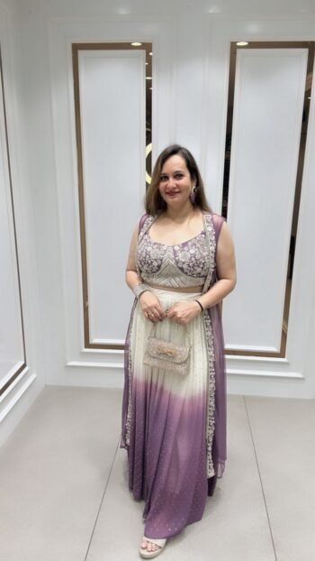 Gorgeous Crop-Top Skirt With Shrug In Soft Cream & Rich Lavender Shade